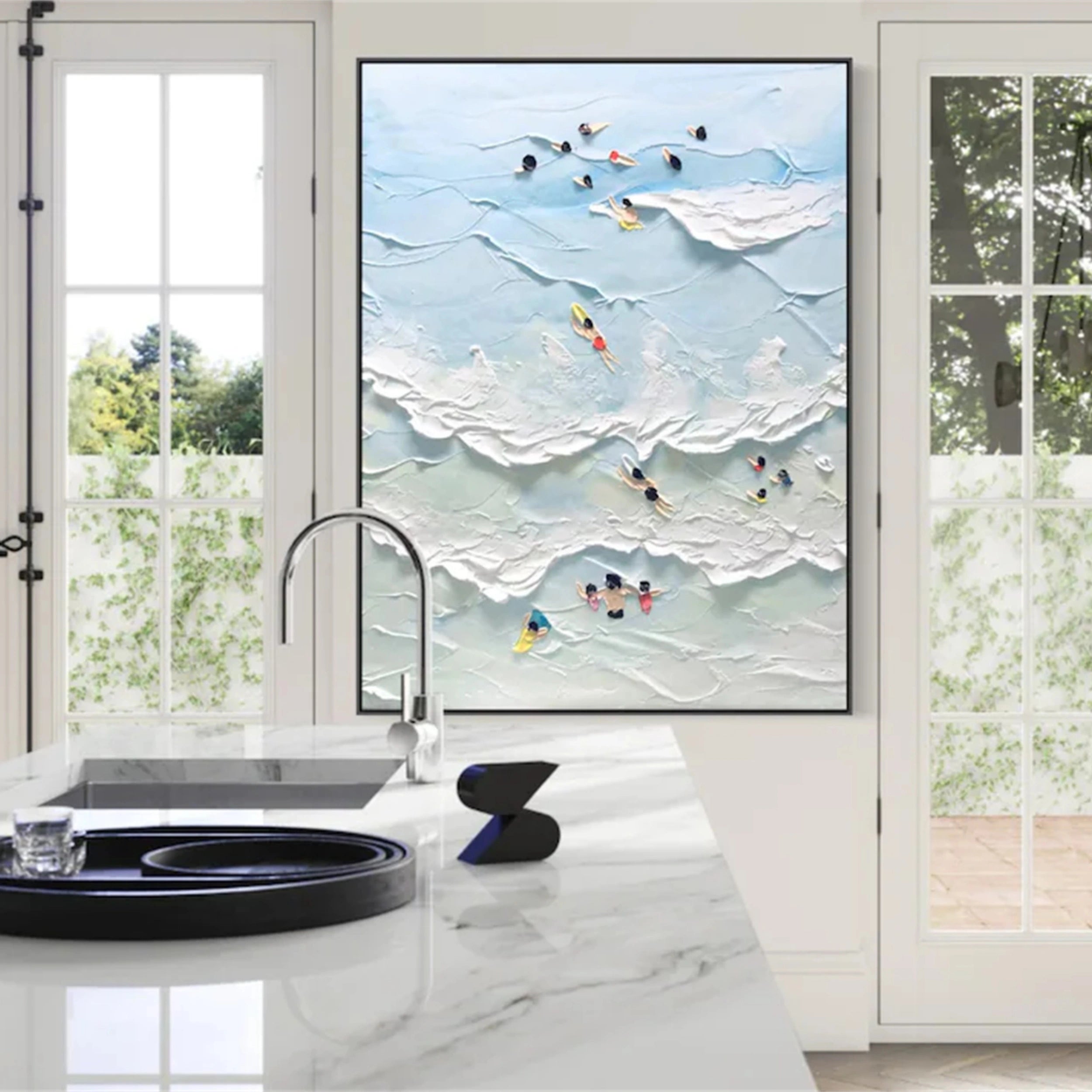 Large Vertical Ocean Wave Art | Textured Painting with Swimmers #ZZ 070