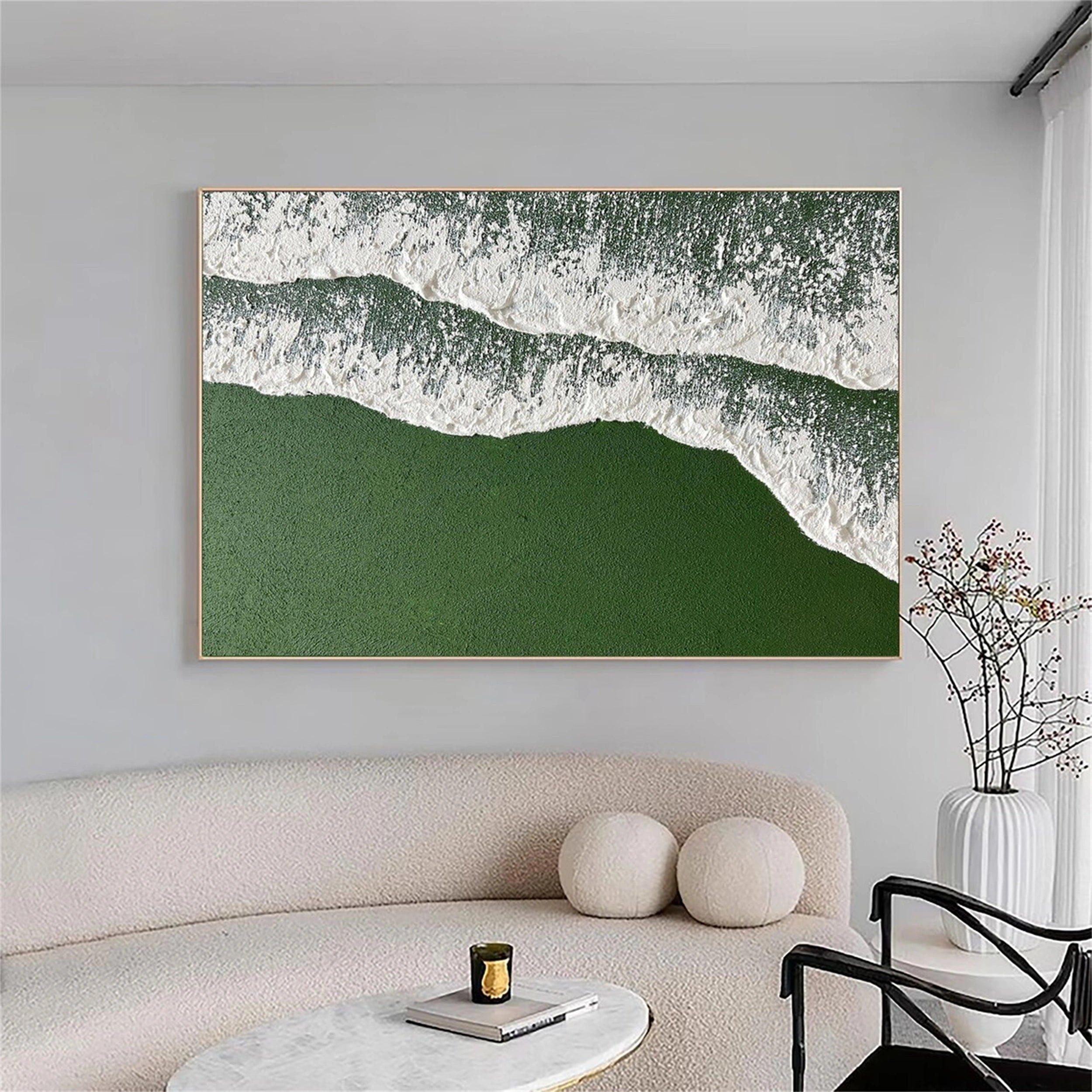 Green White Texture Painting - Shoreline Waves Wall Decor #JJ 256