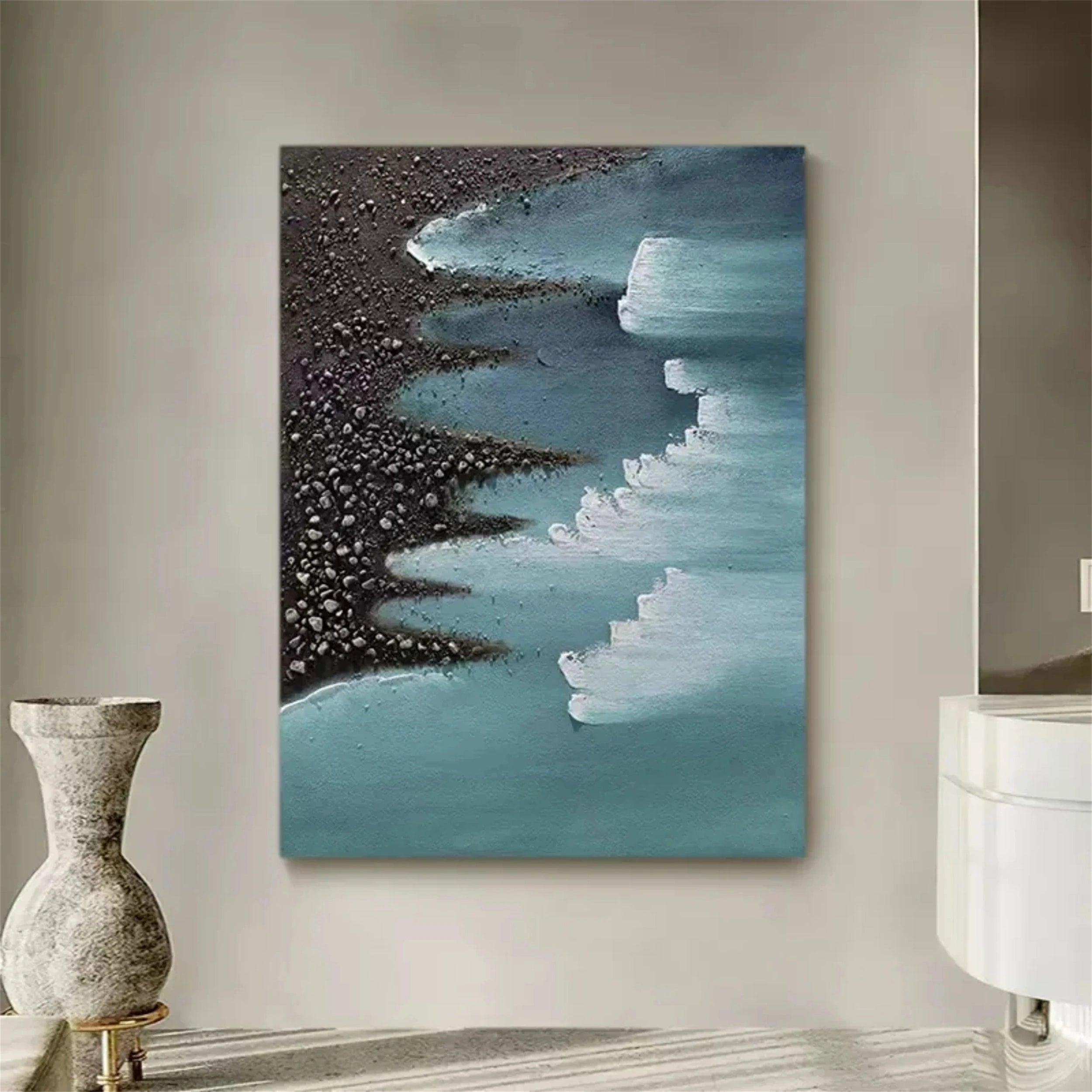 Hand-Painted Ocean Wave Wall Art | Textured Coastal Canvas #JJ 149