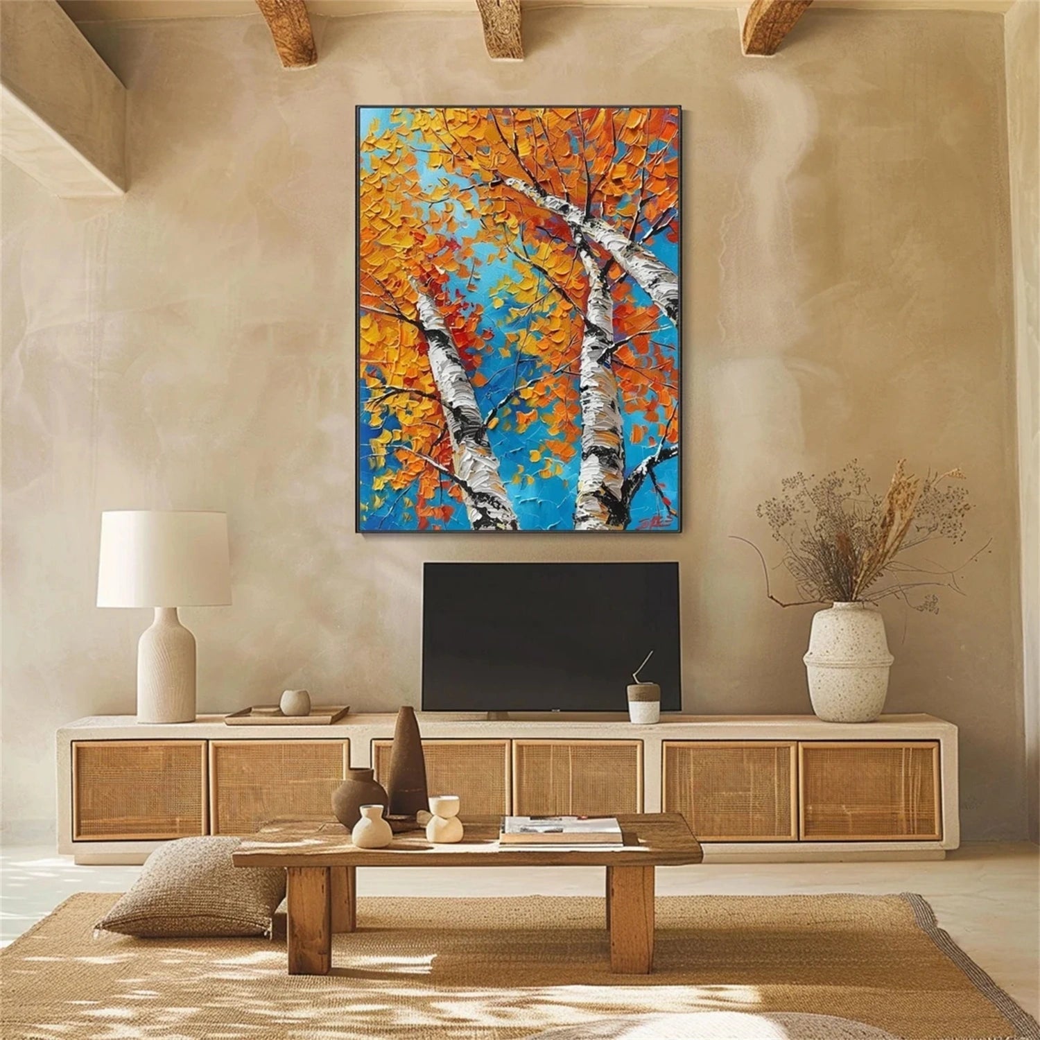 Autumn Birches Hand-Painted Oil Painting | Textured Orange Leaves Art #JJ 349