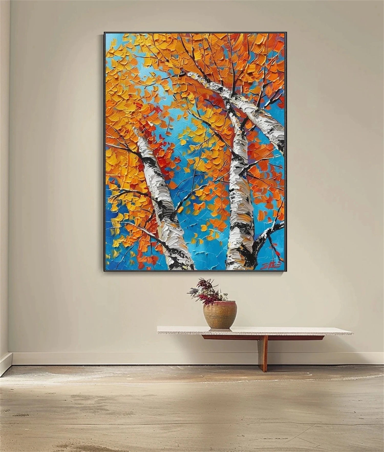 Autumn Birches Hand-Painted Oil Painting | Textured Orange Leaves Art #JJ 349
