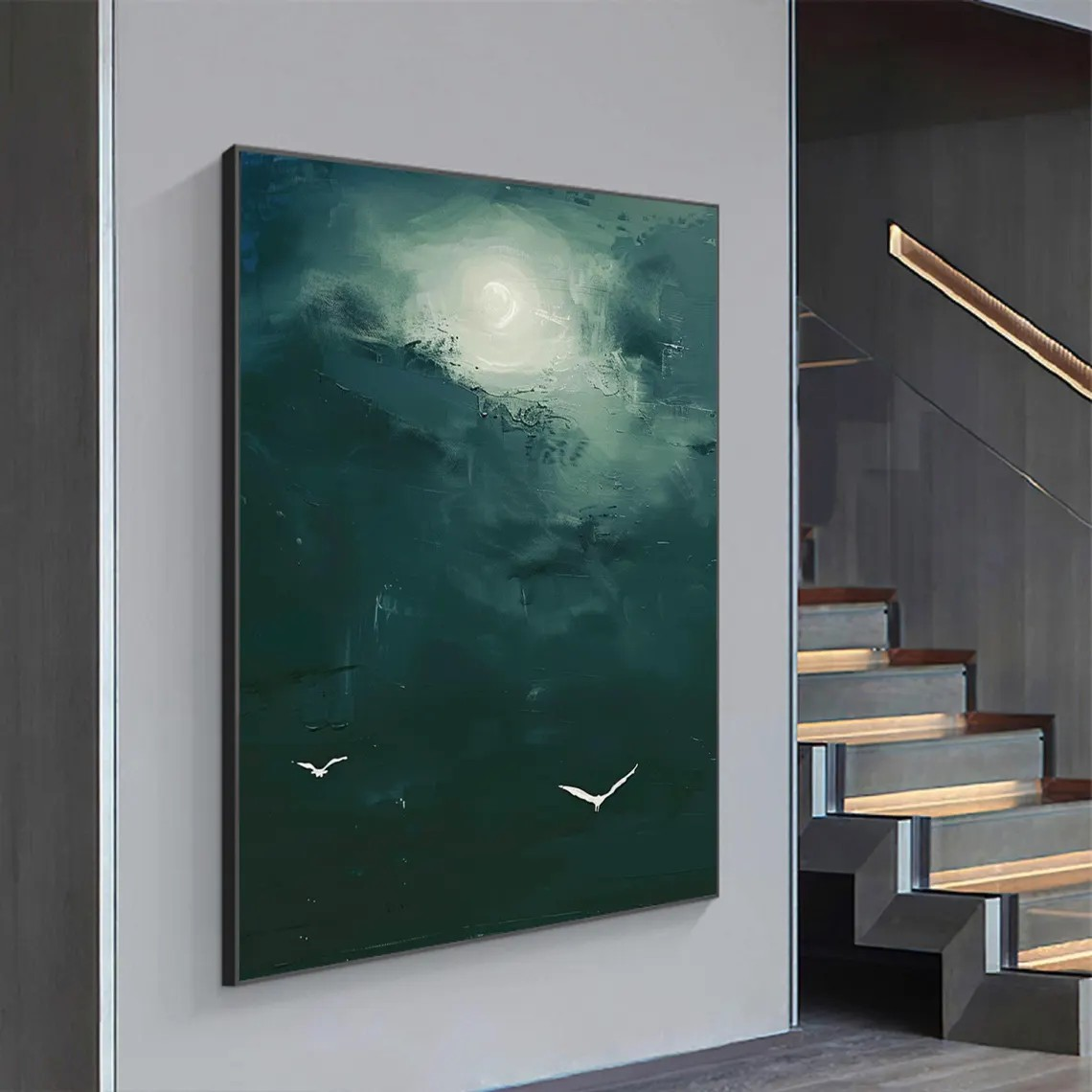 Dark Teal Abstract Oil Painting with Moon and Birds Wall Art #TC 029