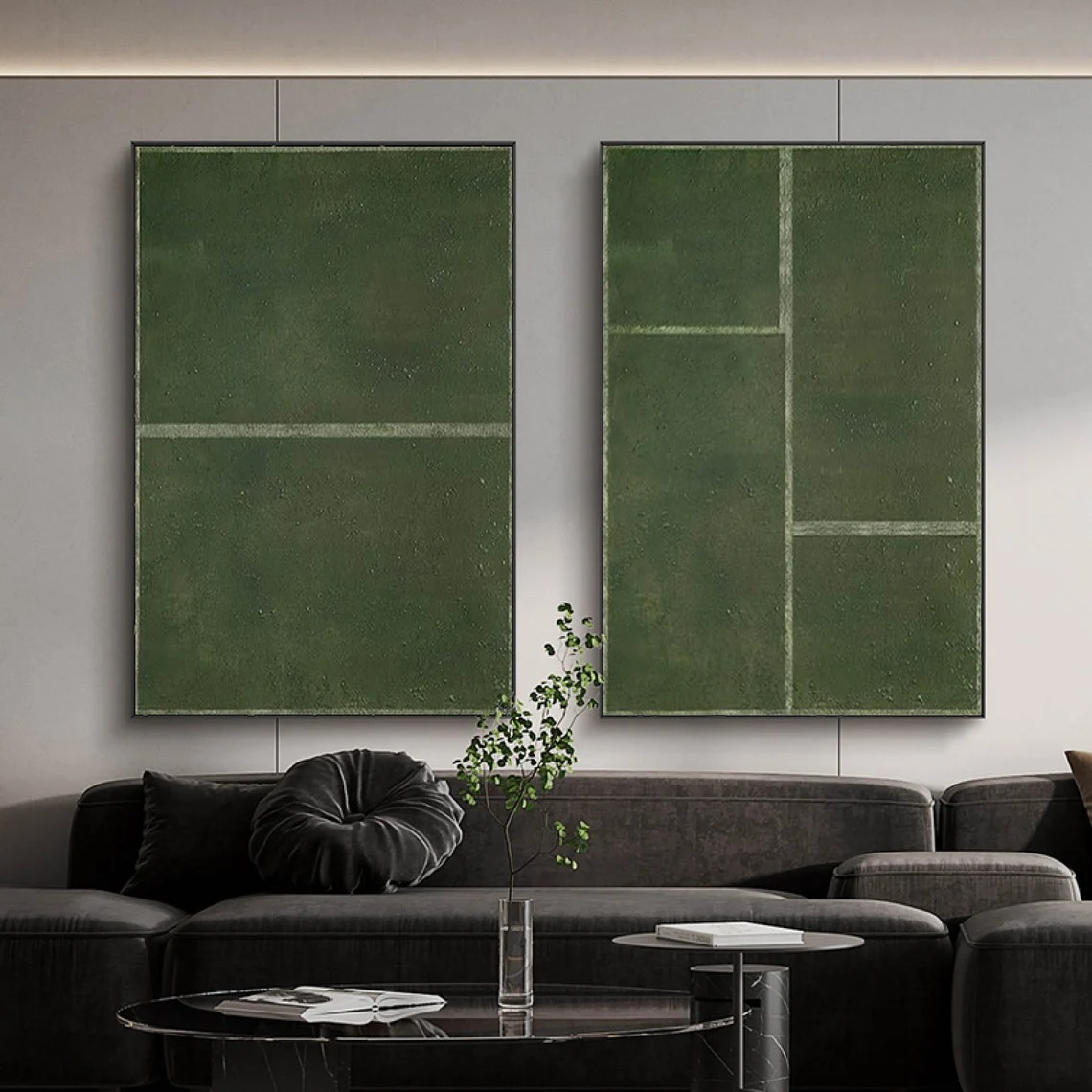 Set of 2 Large Abstract Green Oil Paintings with Geometric Design | # TC 017