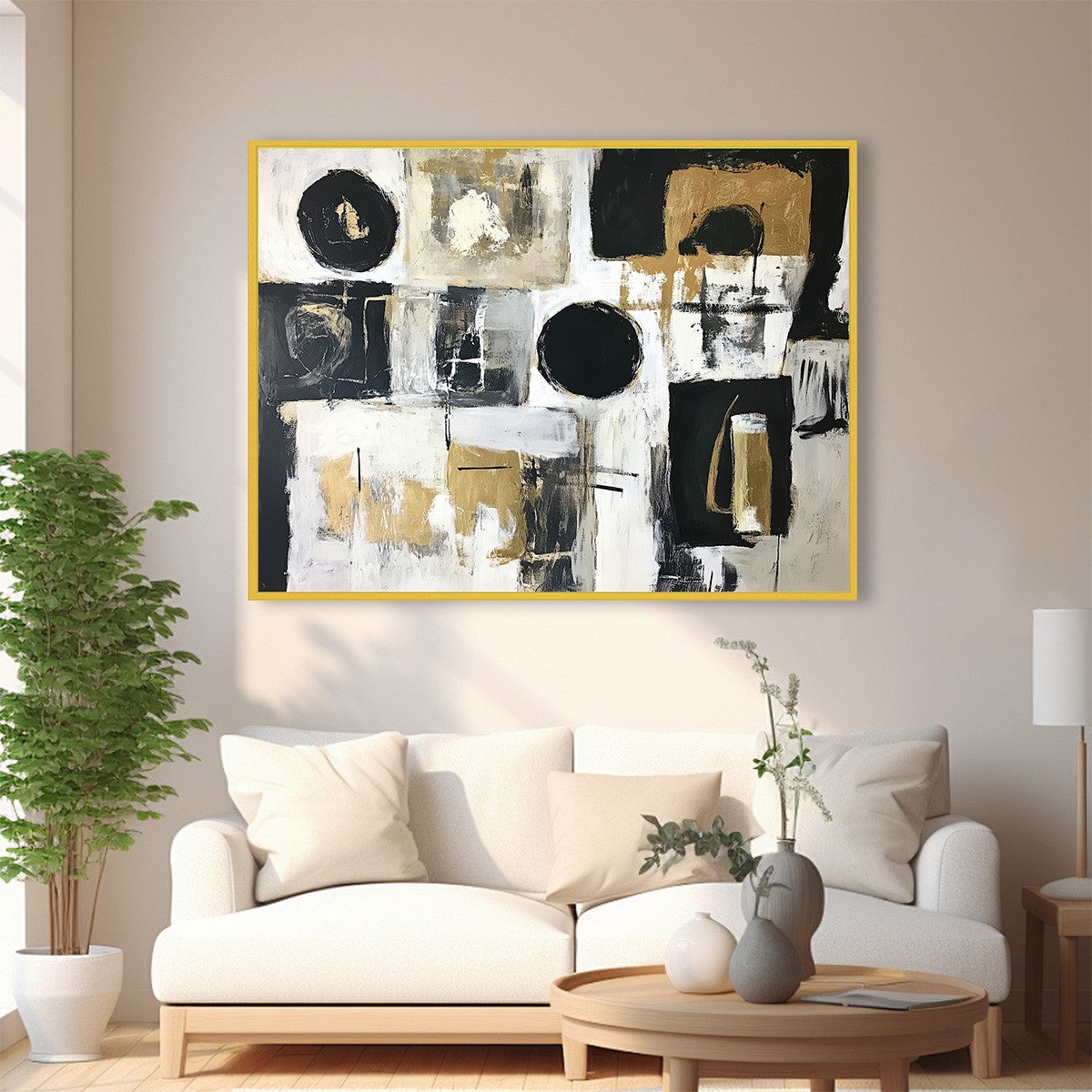 Large Geometric Abstract Painting | Gold & Black Wabi Sabi Art #ZZ 233