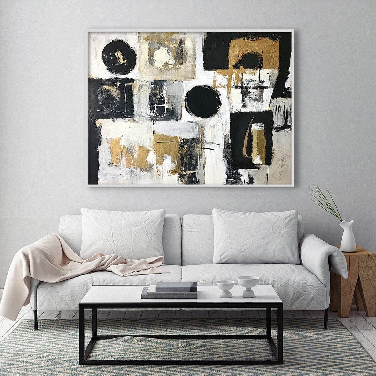 Large Geometric Abstract Painting | Gold & Black Wabi Sabi Art #ZZ 233