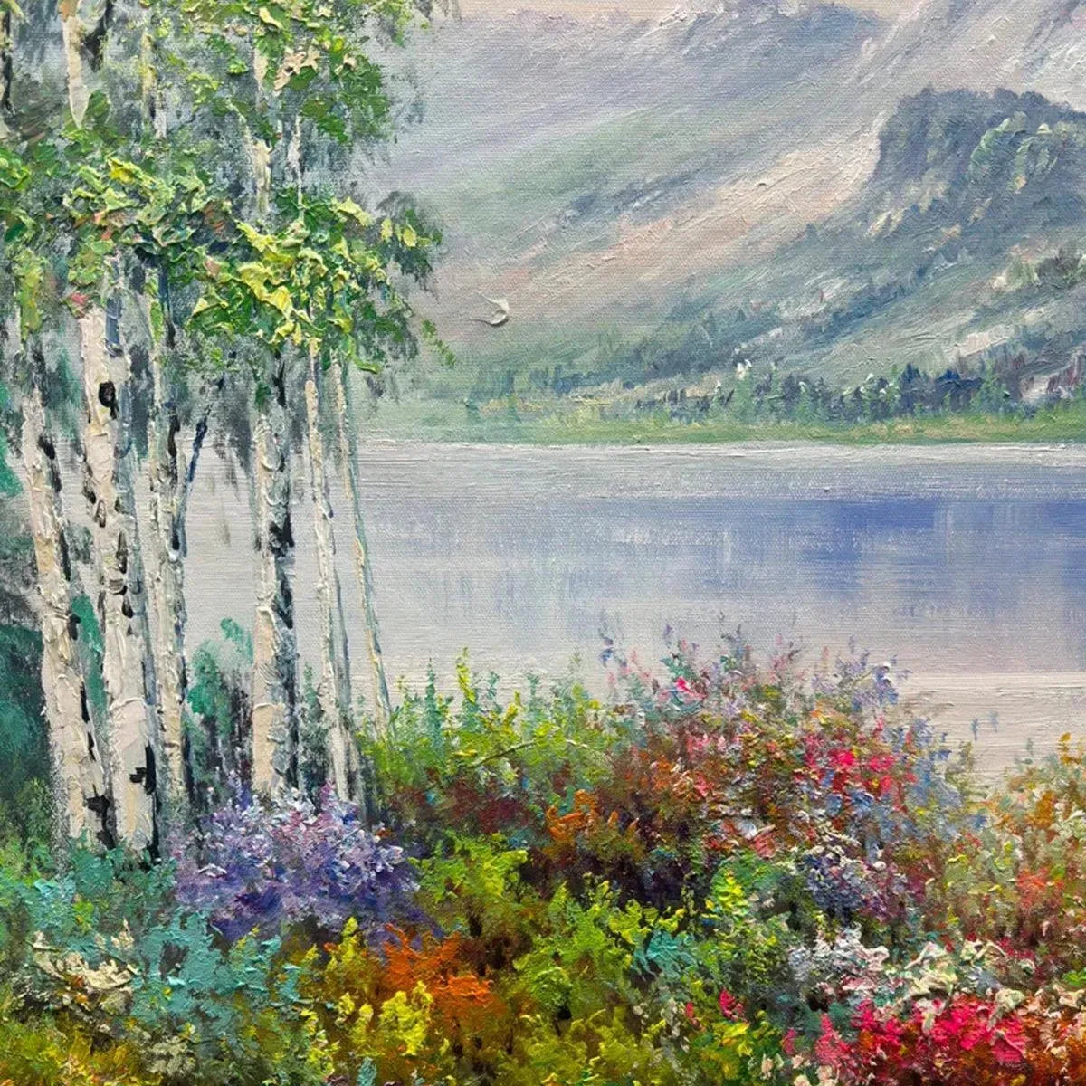 Large Lake and Mountain Oil Painting – Scenic Autumn Wall Decor #TC 247