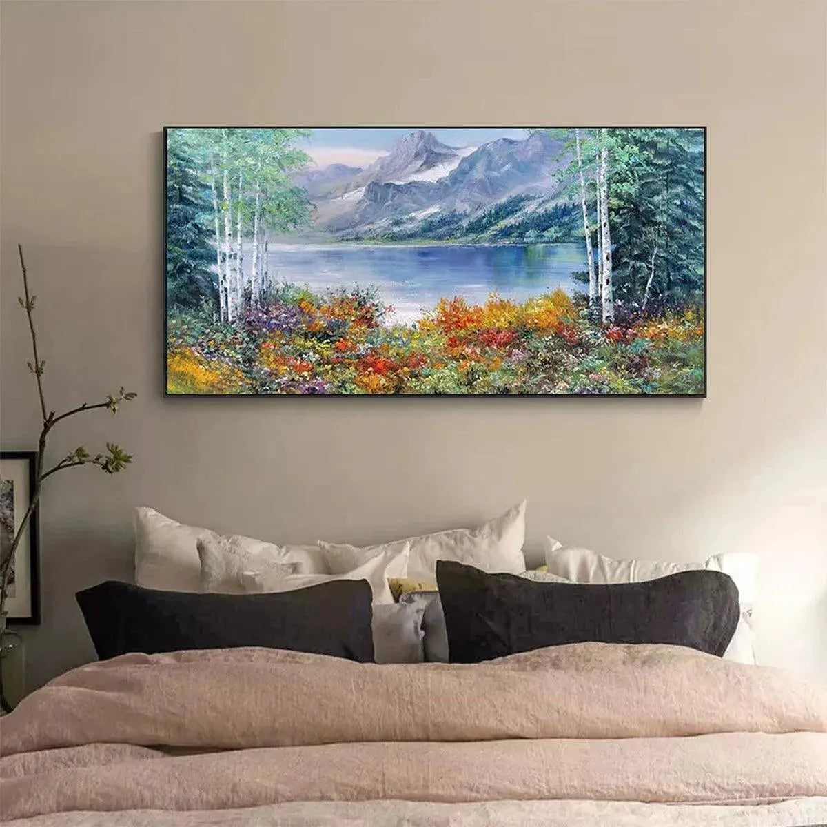 Large Lake and Mountain Oil Painting – Scenic Autumn Wall Decor #TC 247