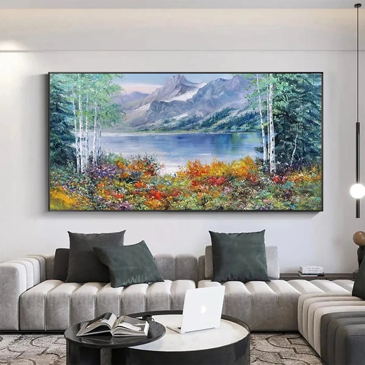 Large Lake and Mountain Oil Painting – Scenic Autumn Wall Decor #TC 247