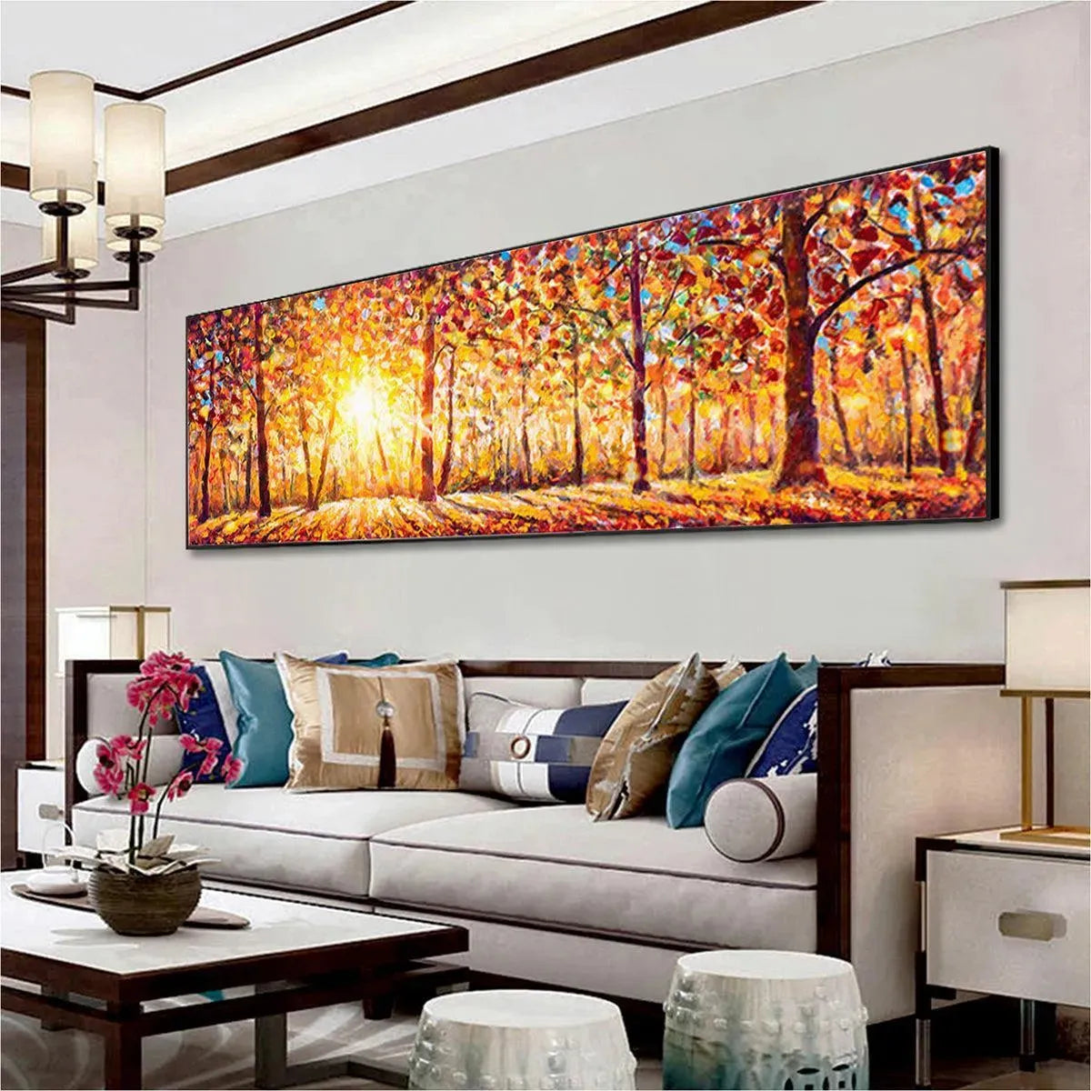 Glowing Autumn Sunrise Forest Painting | Textured Canvas Wall Art #TC 260