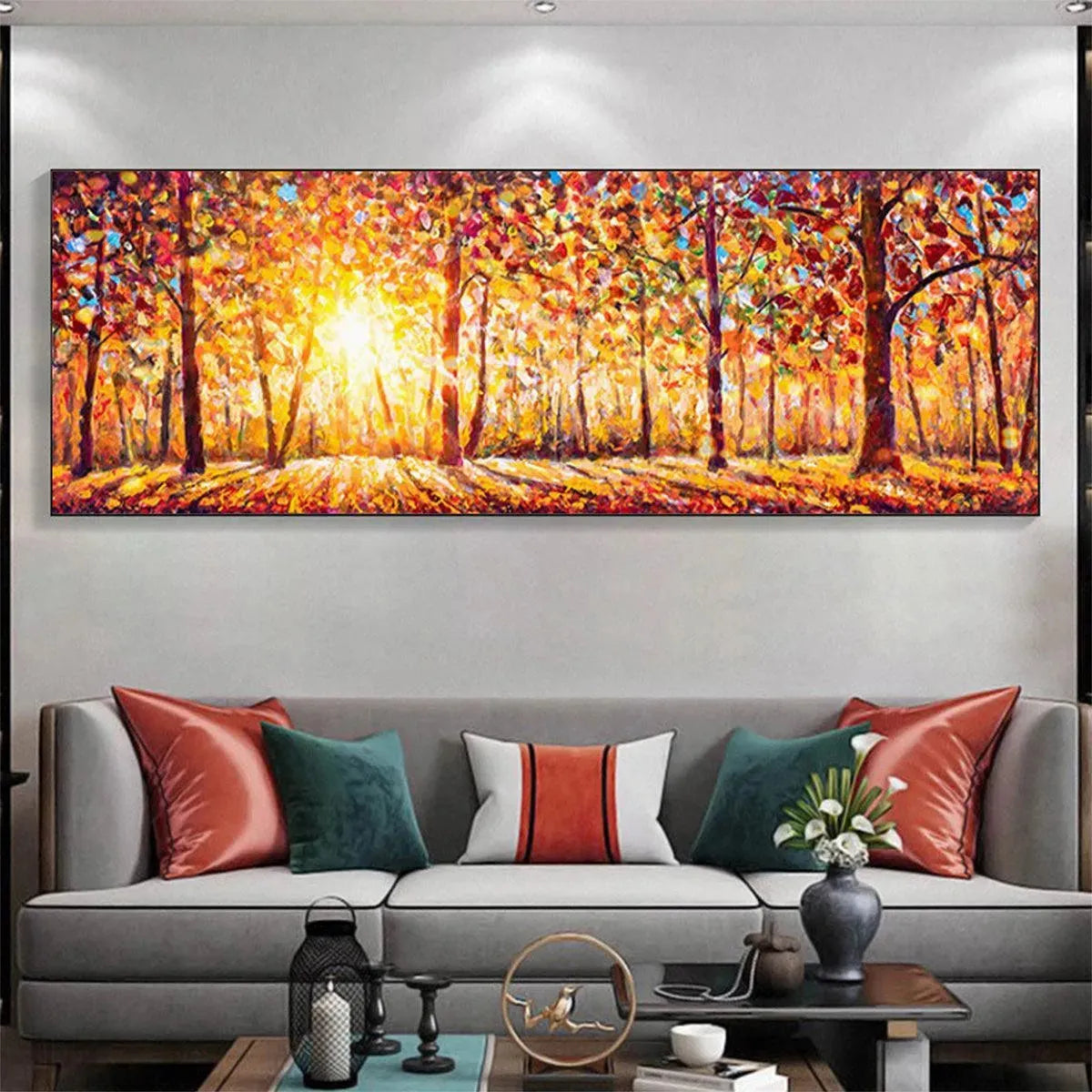 Glowing Autumn Sunrise Forest Painting | Textured Canvas Wall Art #TC 260