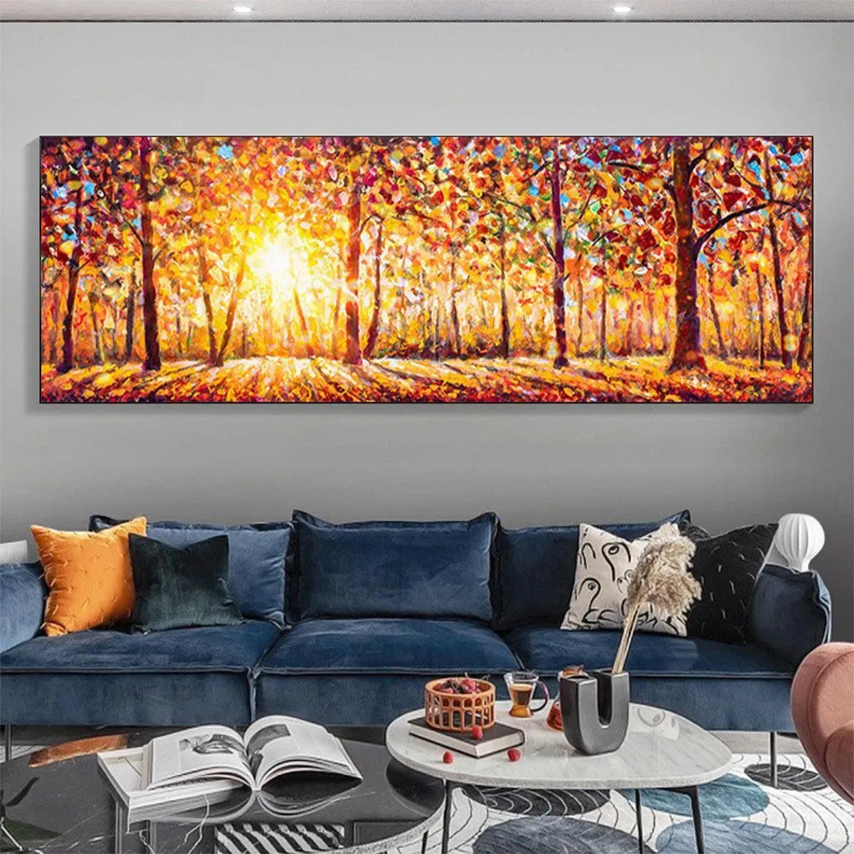 Glowing Autumn Sunrise Forest Painting | Textured Canvas Wall Art #TC 260
