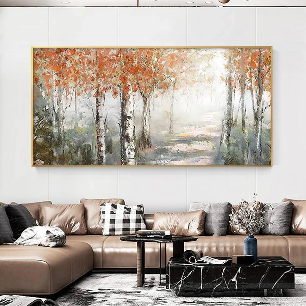 Hand-Painted Autumn Birch Tree Forest Canvas Art #TC 263