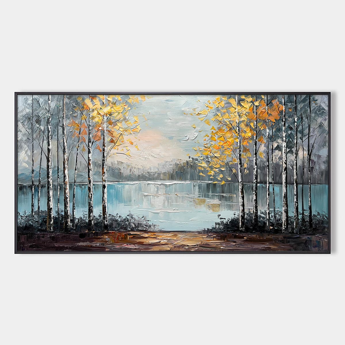 Textured Birch Tree Lake Painting | Impasto Wall Art #TC 264