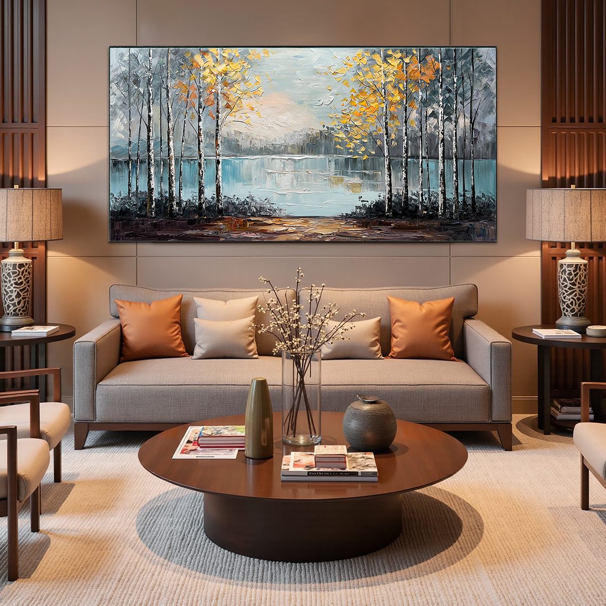 Textured Birch Tree Lake Painting | Impasto Wall Art #TC 264