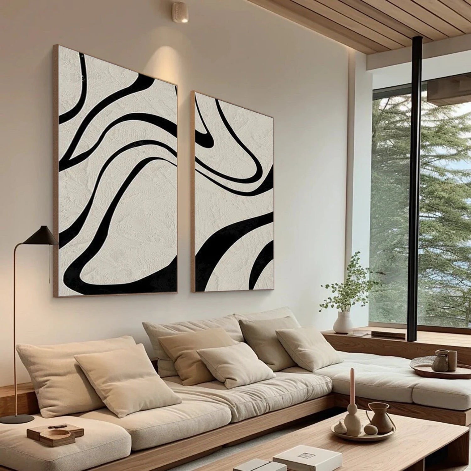 Bold Black Lines on Beige, Modern Art for Walls Set of 2 #TB 119