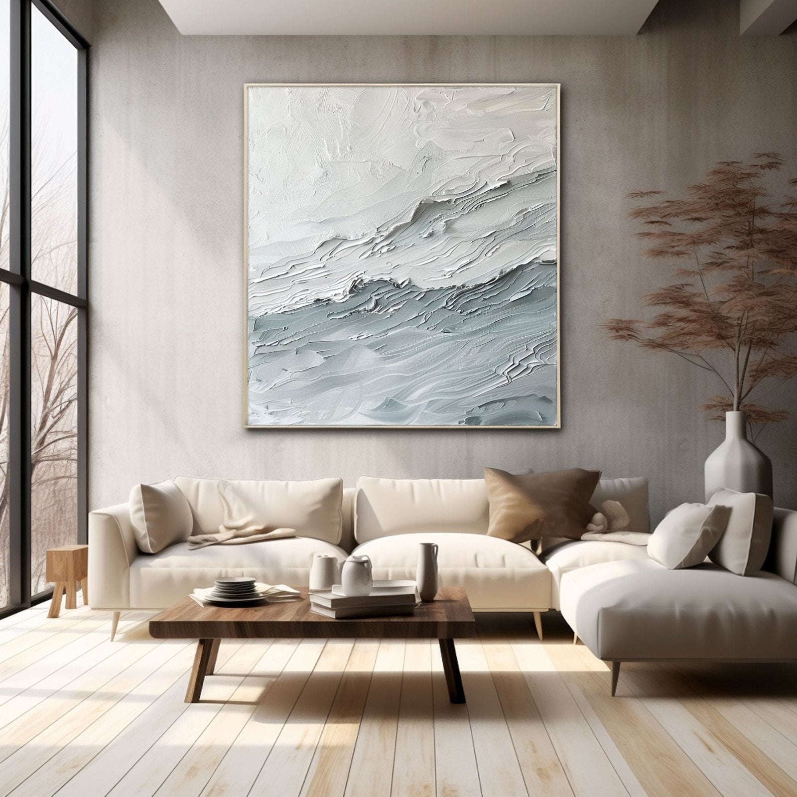 Textured White Abstract Wave Art | Square White & Grey Textured Painting #TC 164