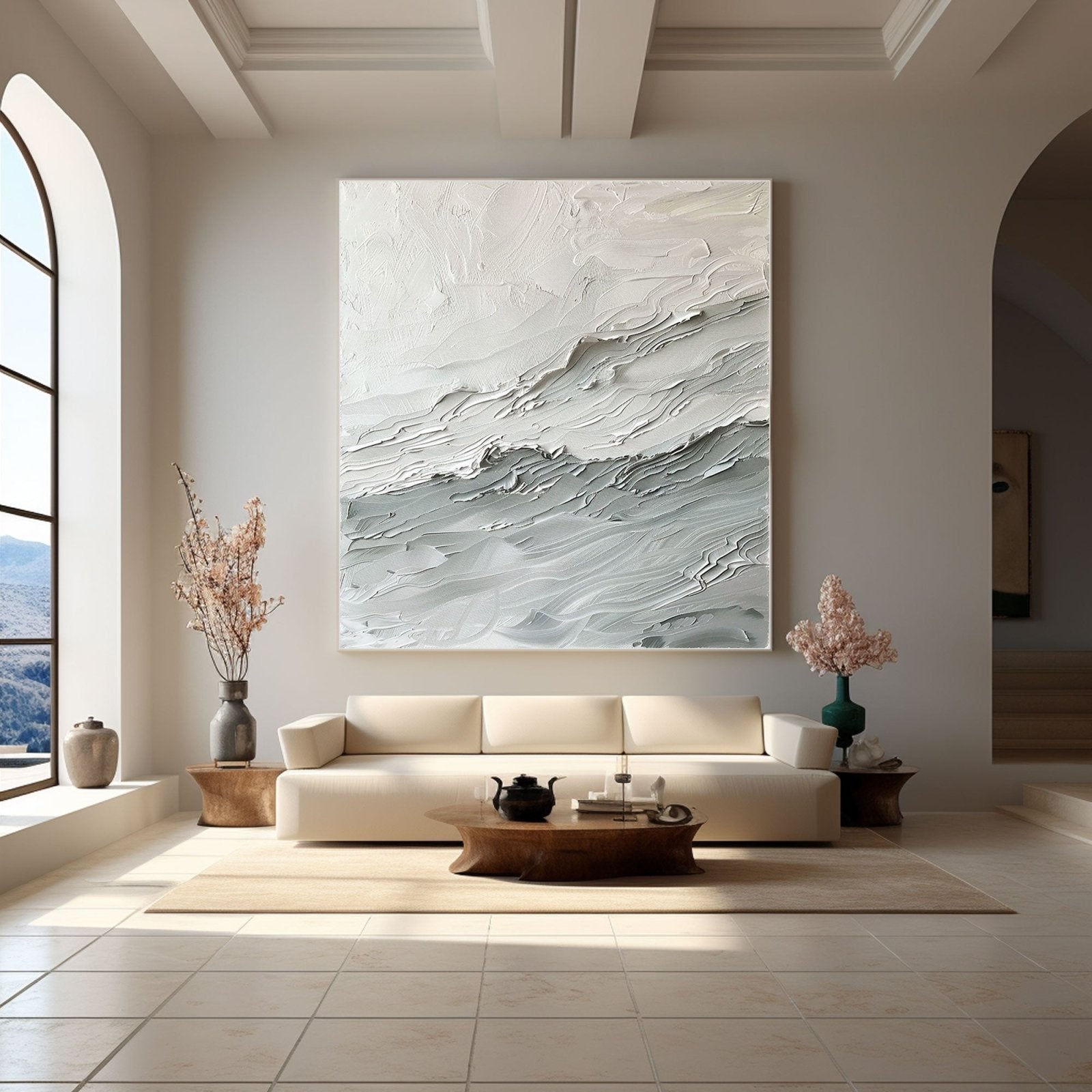 Textured White Abstract Wave Art | Square White & Grey Textured Painting #TC 164