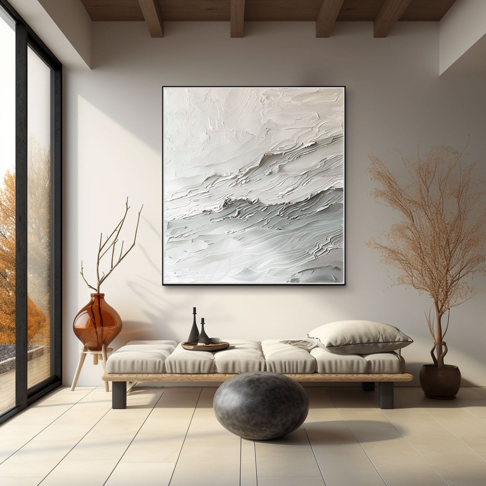 Textured White Abstract Wave Art | Square White & Grey Textured Painting #TC 164