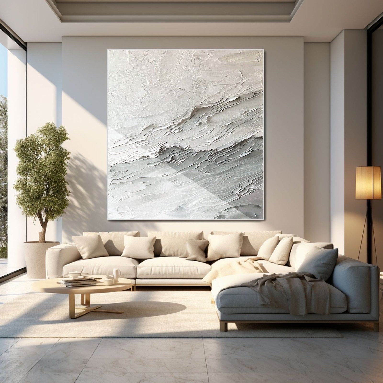 Textured White Abstract Wave Art | Square White & Grey Textured Painting #TC 164