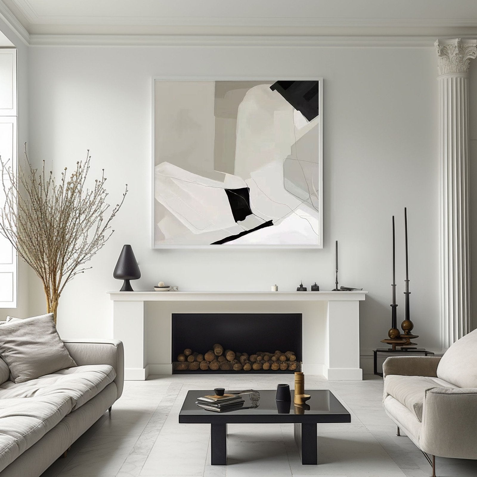Large Minimalist Abstract Painting in Black and White #TC 207