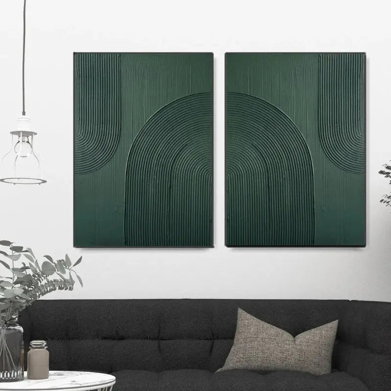 3D Linear Green Painting Set | Modern Textured Abstract Wall Art Pair #JJ 083