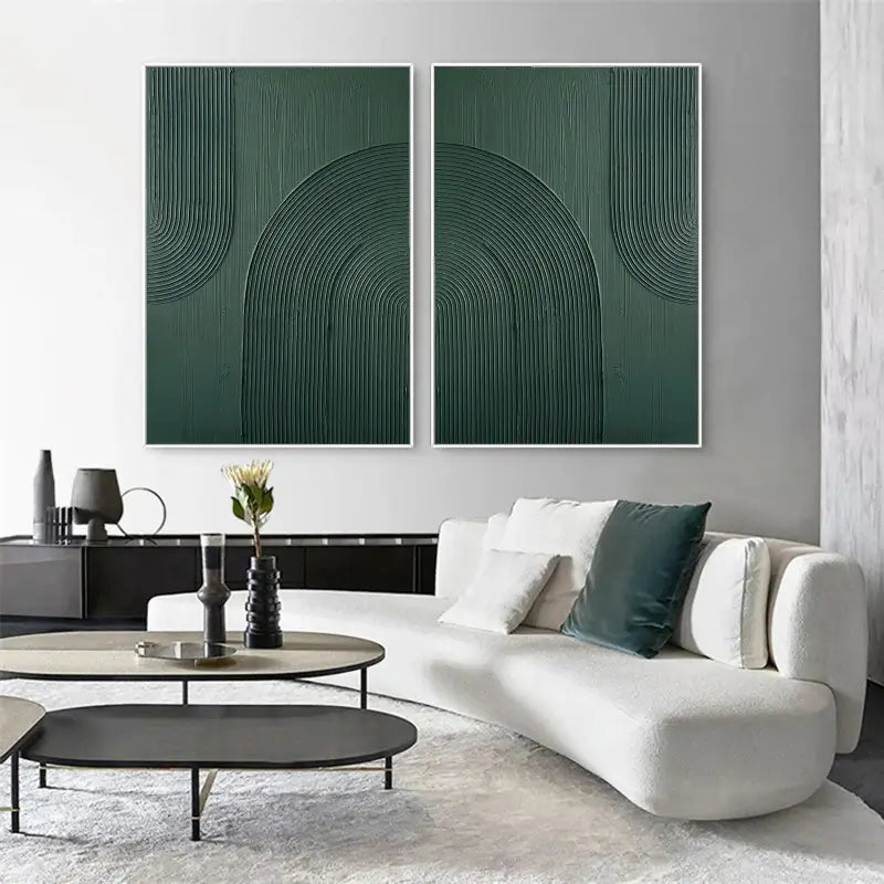 3D Linear Green Painting Set | Modern Textured Abstract Wall Art Pair #JJ 083