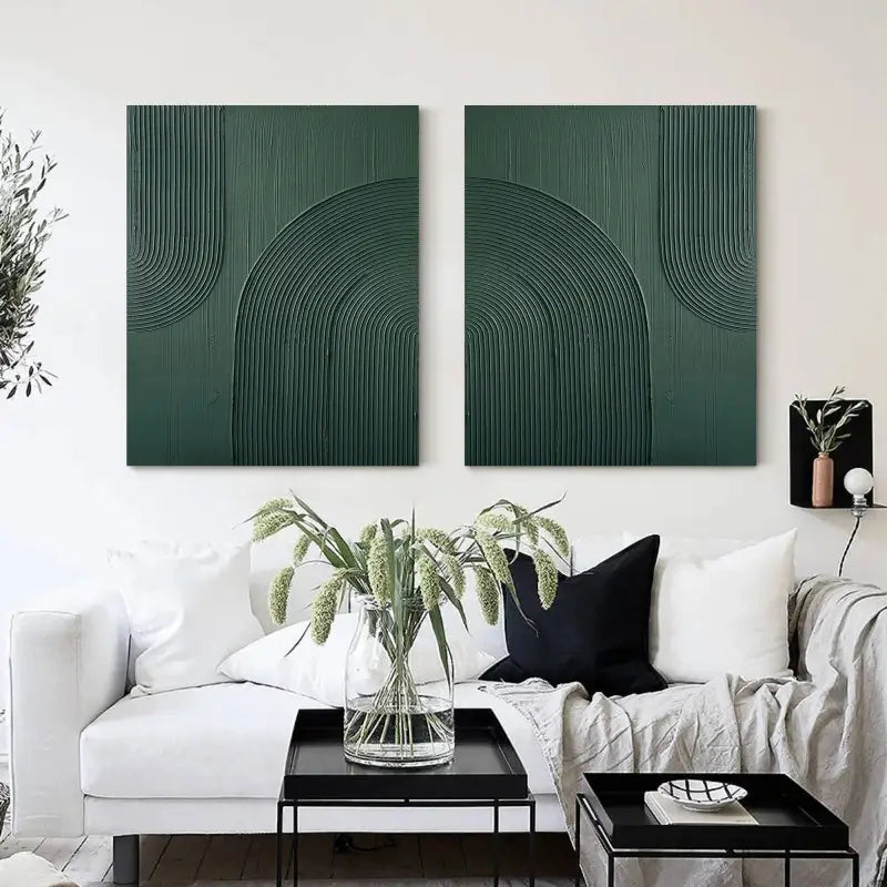 3D Linear Green Painting Set | Modern Textured Abstract Wall Art Pair #JJ 083