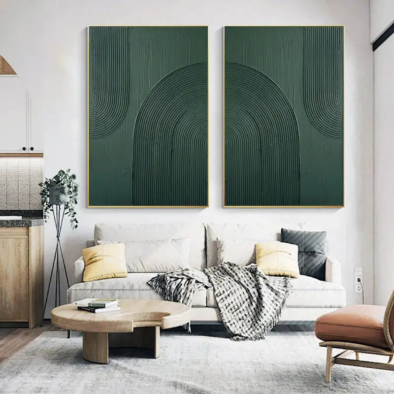 3D Linear Green Painting Set | Modern Textured Abstract Wall Art Pair #JJ 083