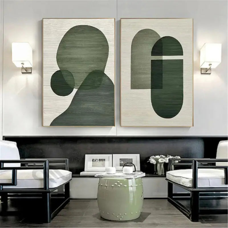 Abstract Geometric Diptych | Green & Beige Painting Set of 2 #ZZ 115