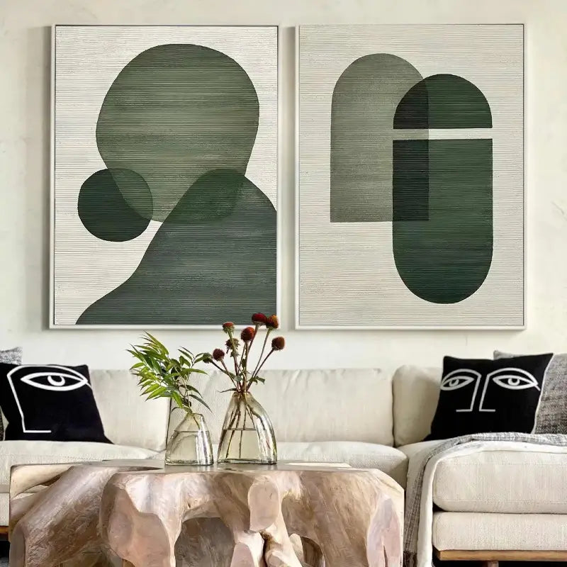 Abstract Geometric Diptych | Green & Beige Painting Set of 2 #ZZ 115