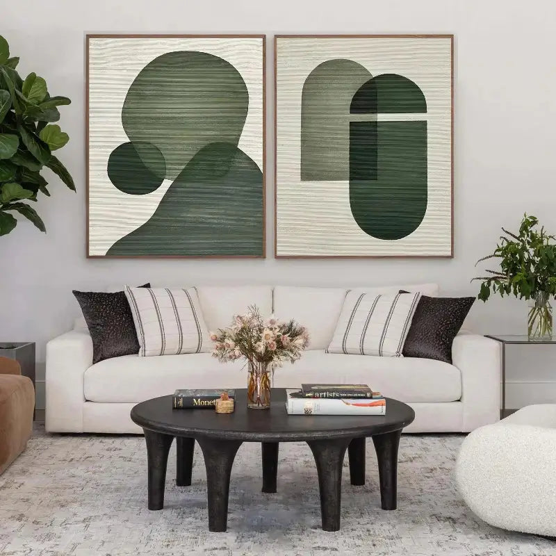 Abstract Geometric Diptych | Green & Beige Painting Set of 2 #ZZ 115