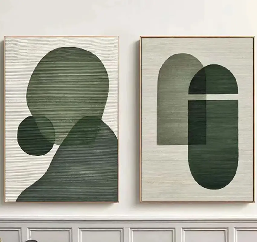 Abstract Geometric Diptych | Green & Beige Painting Set of 2 #ZZ 115