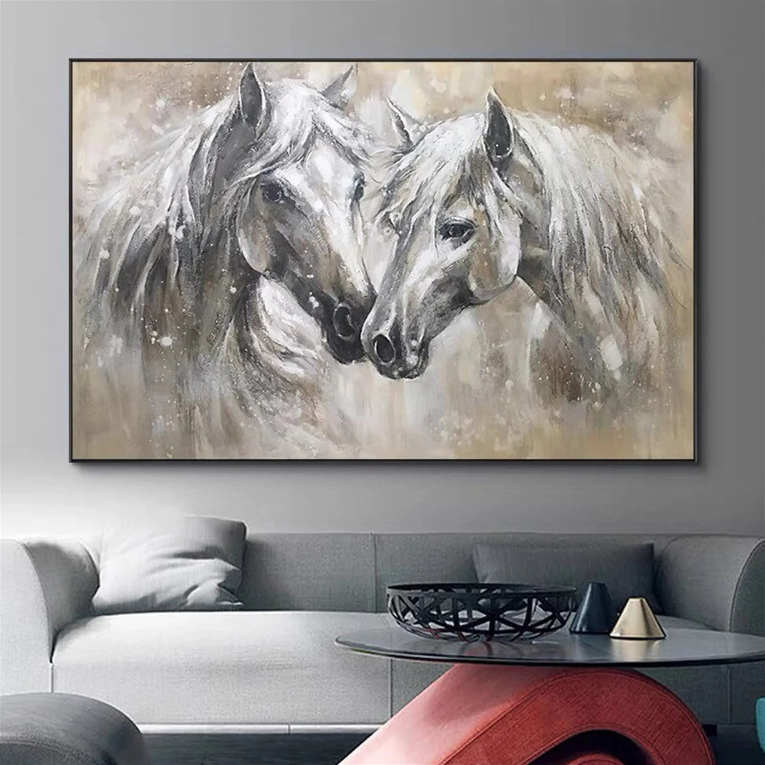 Two Horses Wall Art Abstract Oil Painting - Modern Animal Art #JJ 090