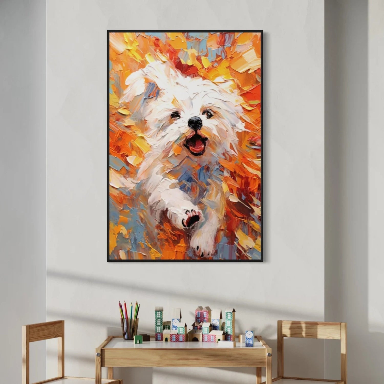 Vibrant Animal Painting | Large Textured White Dog Running Canvas Wall Art #ZZ 167
