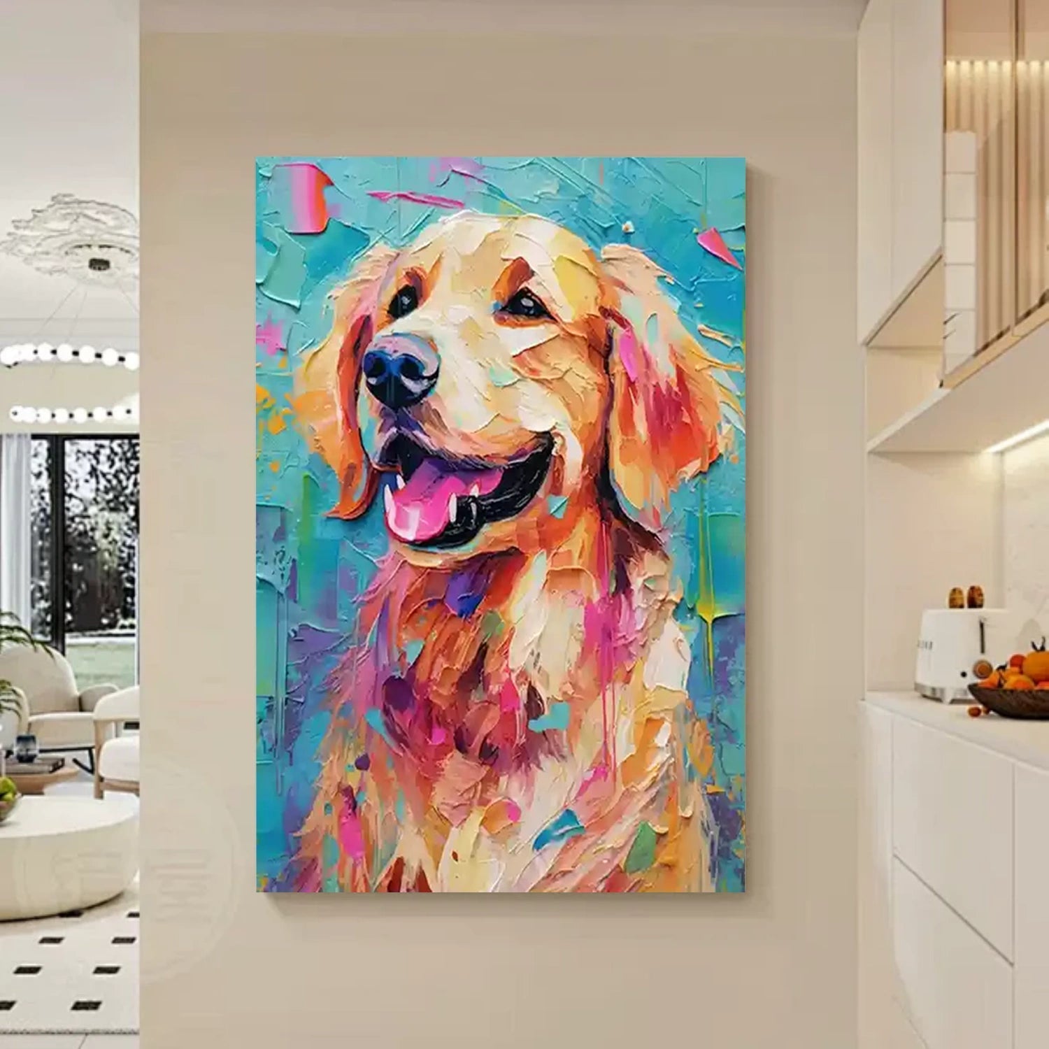 Colorful Golden Retriever Wall Art | Large Textured Dog Painting Canvas #ZZ 157