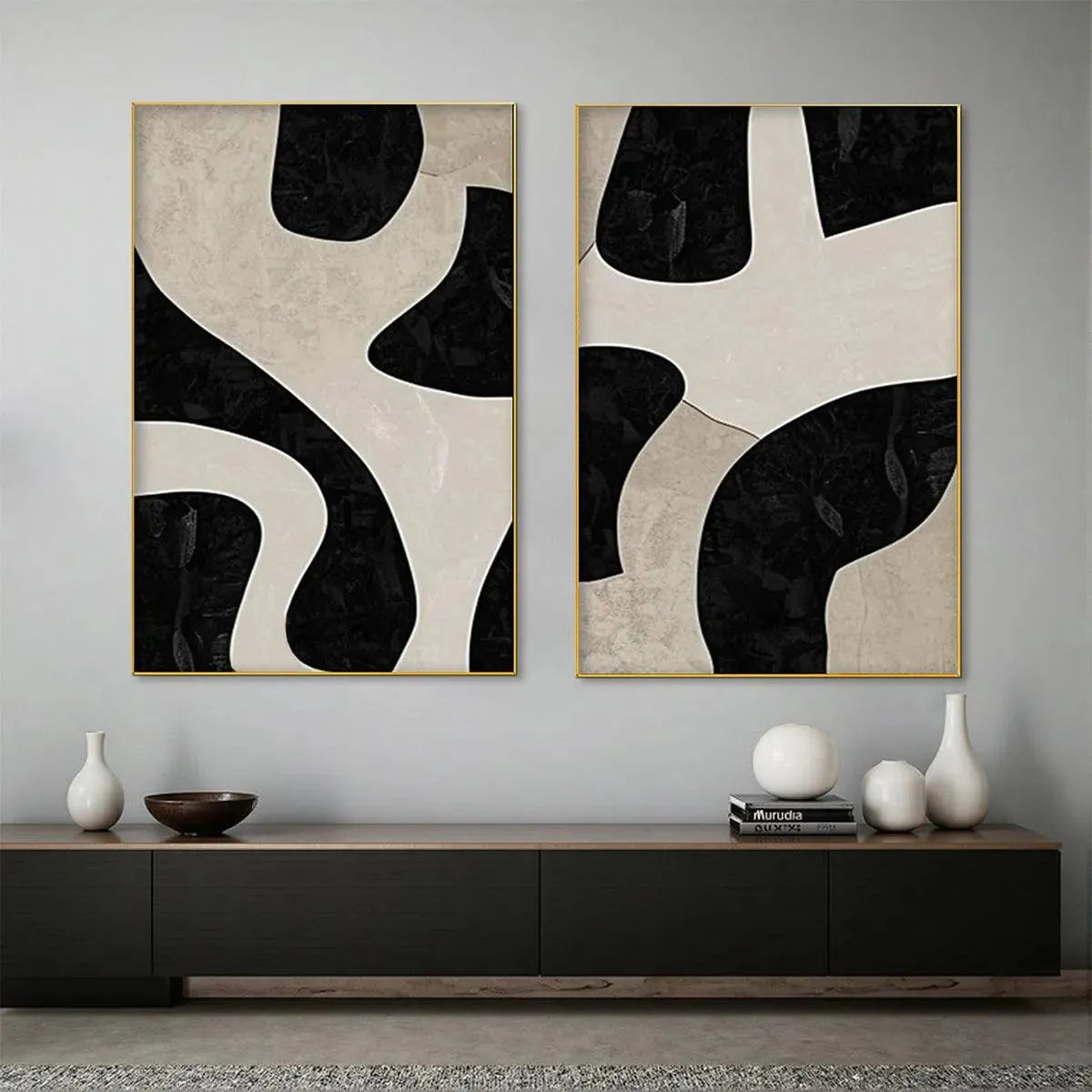 Black and Beige Abstract Wall Art Set of 2 #ZZ 234