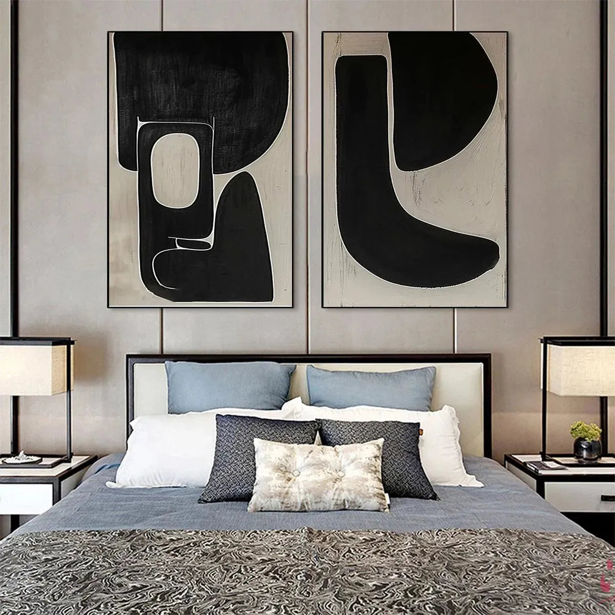 Mid-Century Modern Inspired Art | Large Black & Beige Art #AA 189