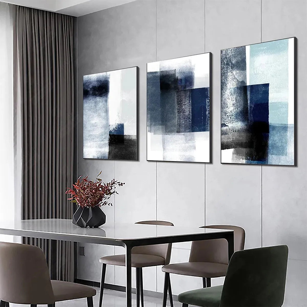 Blue & Black Abstract Triptych | Set of 3 Wall Art #AA 201