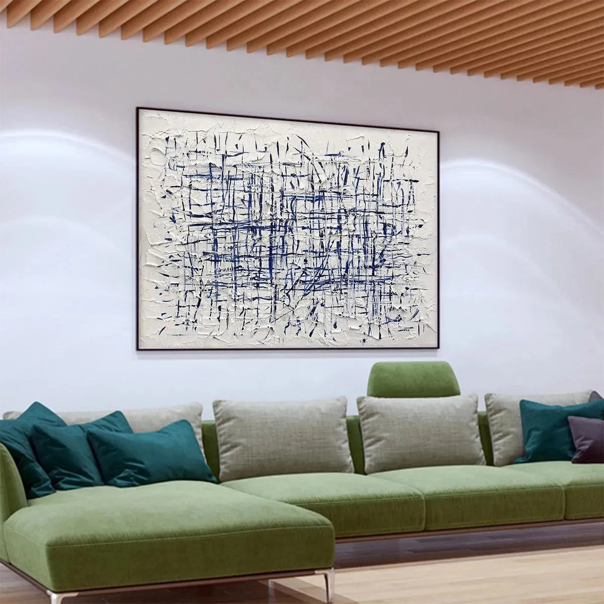 Abstract Linear Grid Painting | Blue & White Textured Art #AA 205