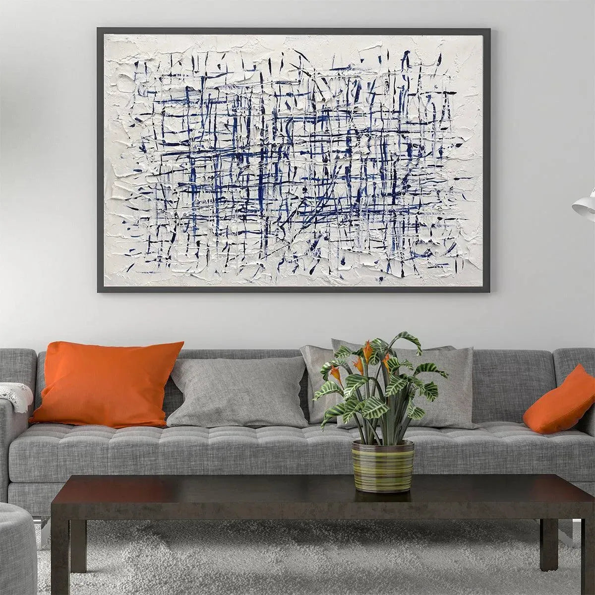 Abstract Linear Grid Painting | Blue & White Textured Art #AA 205