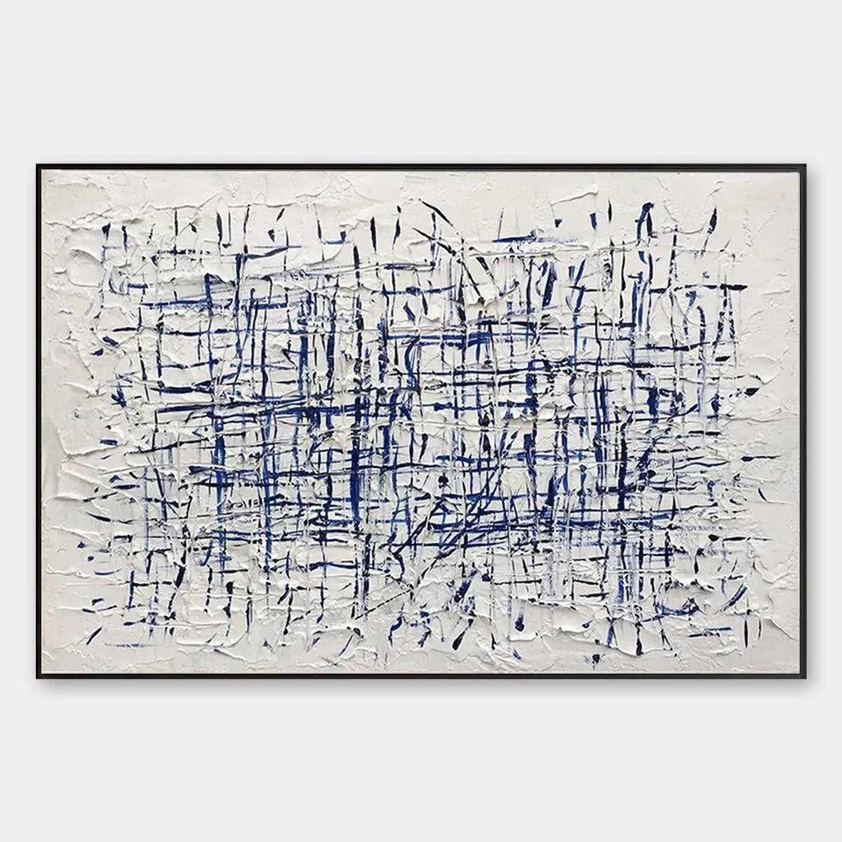 Abstract Linear Grid Painting | Blue & White Textured Art #AA 205