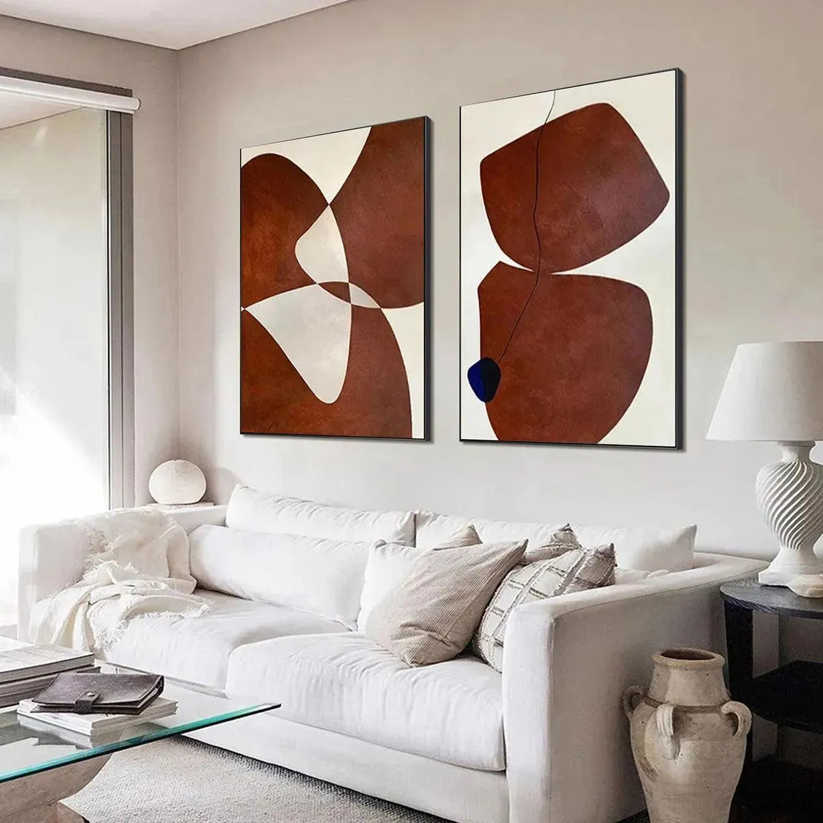 Modern Abstract Organic Shapes Art | Brown & White Diptych #AA 203