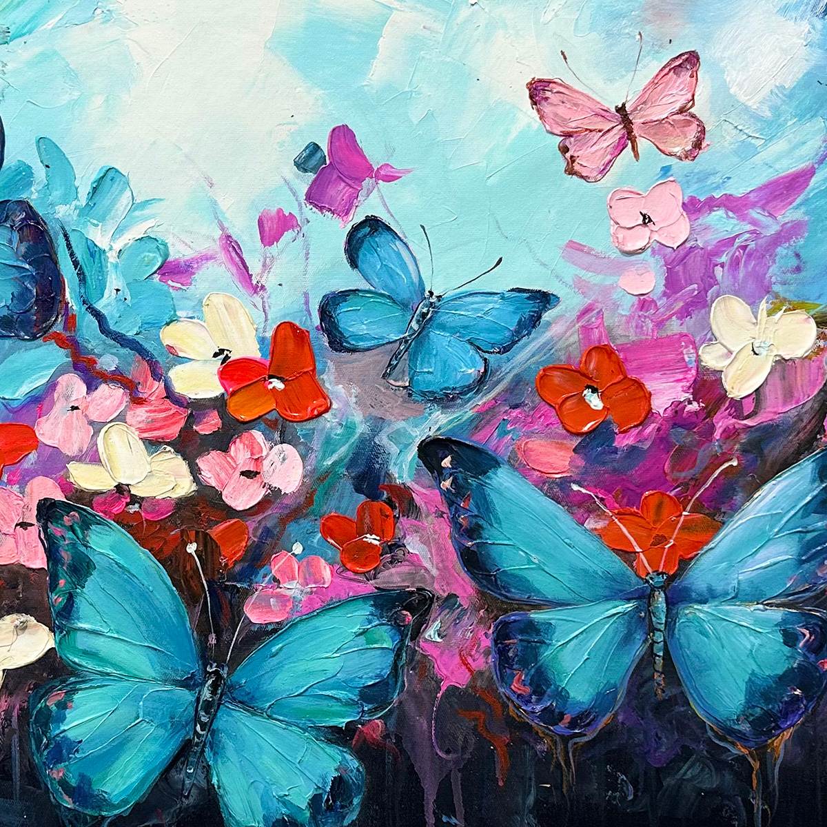 Colorful Butterfly Painting | Large Floral Impasto Wall Art #ZZ 244