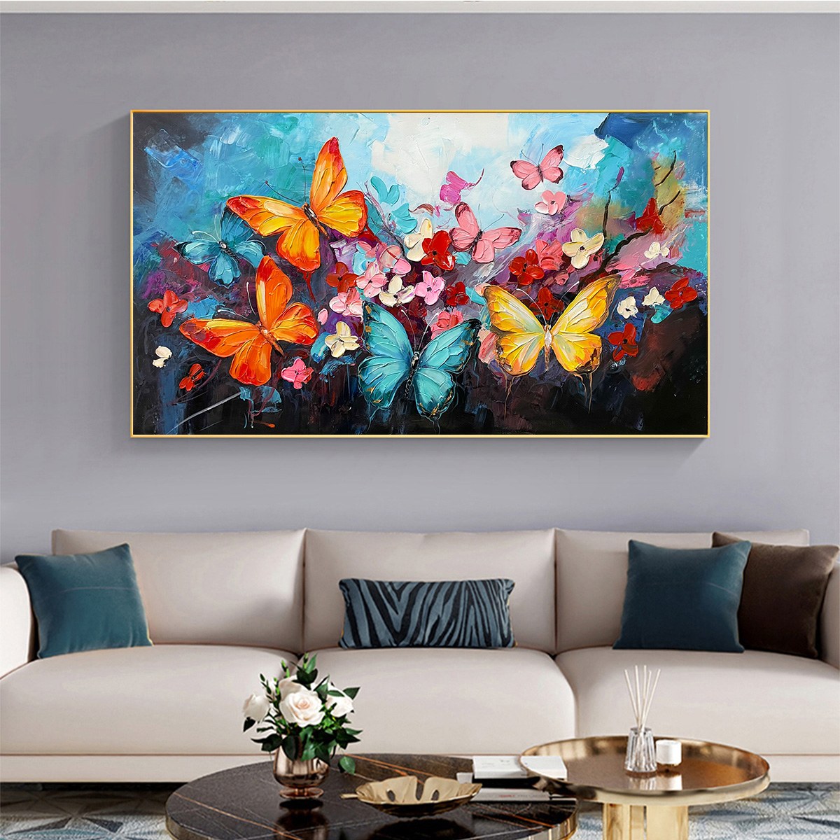 Colorful Butterfly Painting | Large Floral Impasto Wall Art #ZZ 244