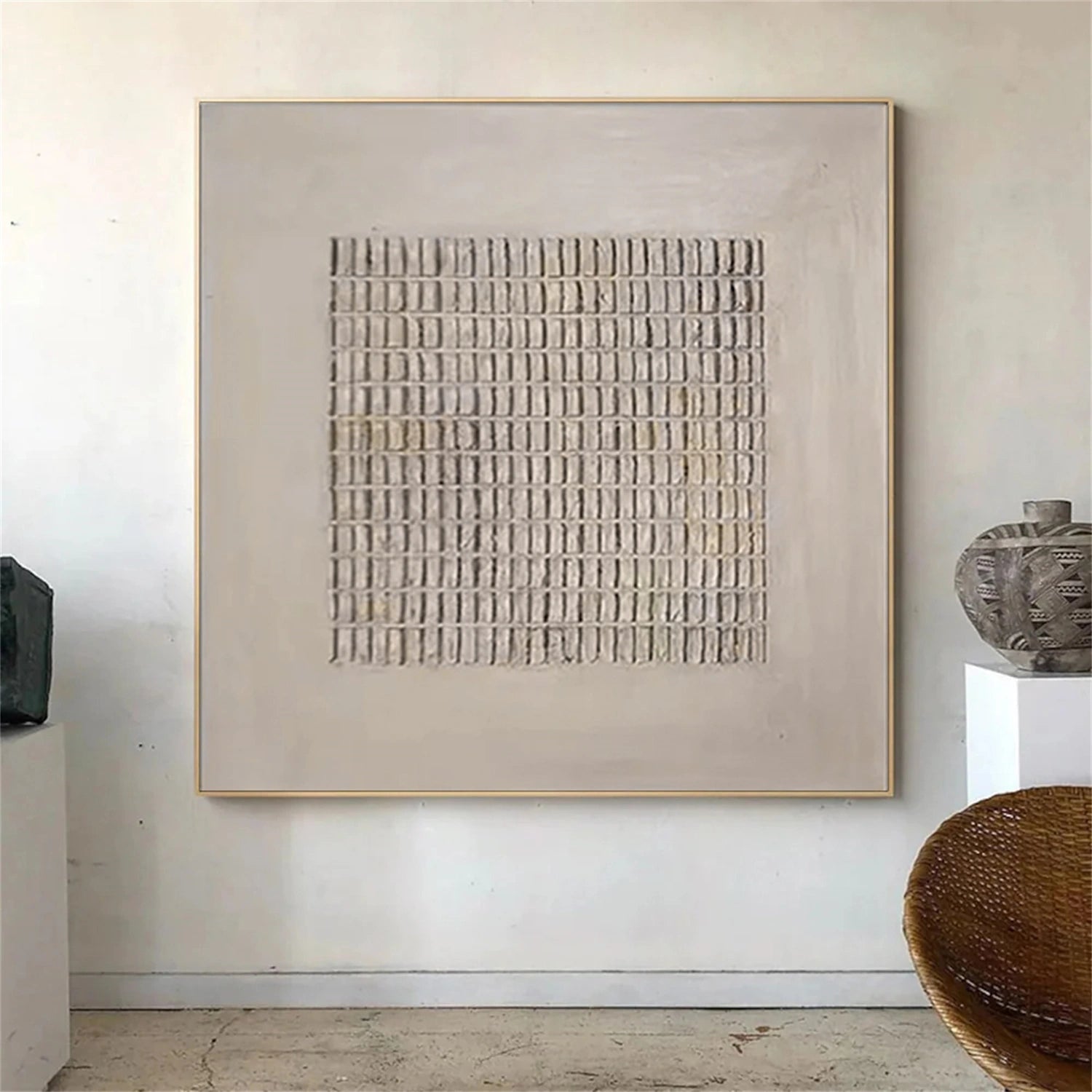 Wabi Sabi Textured Grid Art | Large Architectural Beige Painting #ZZ 117