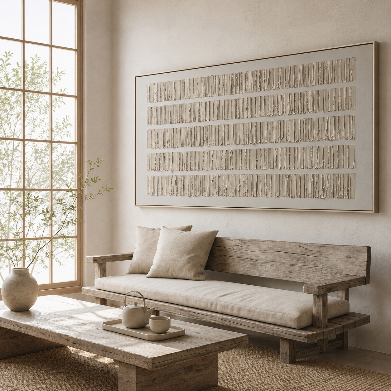 Wabi Sabi Linear Plaster Wall Art – Minimalist Neutral Abstract Decor
