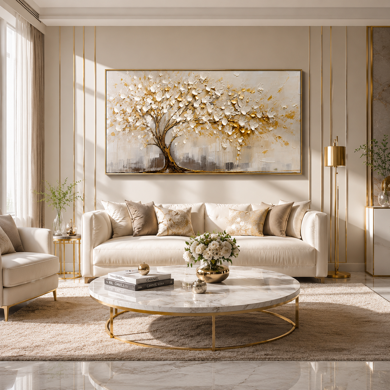 Golden Serenity Tree – White Blossom Textured Wall Art