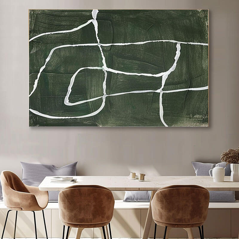 Deep Forest Green Abstract Wall Art | Minimalist White Line Canvas #AA 335