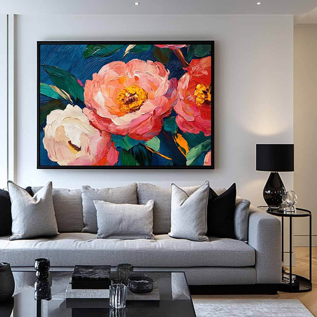 Pink Peony on Navy Blue Canvas | Floral Oil Painting Art #AA 340