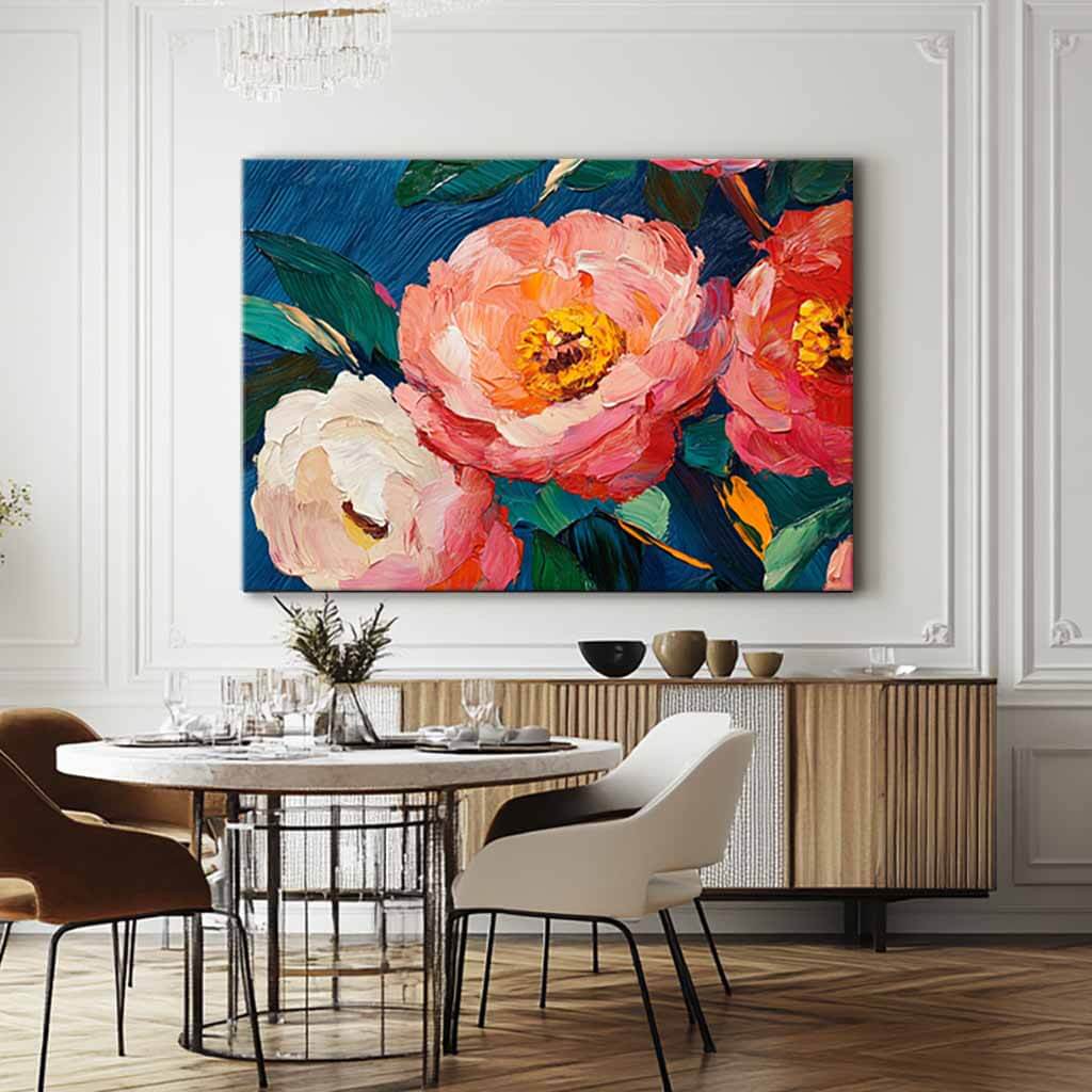Pink Peony on Navy Blue Canvas | Floral Oil Painting Art #AA 340